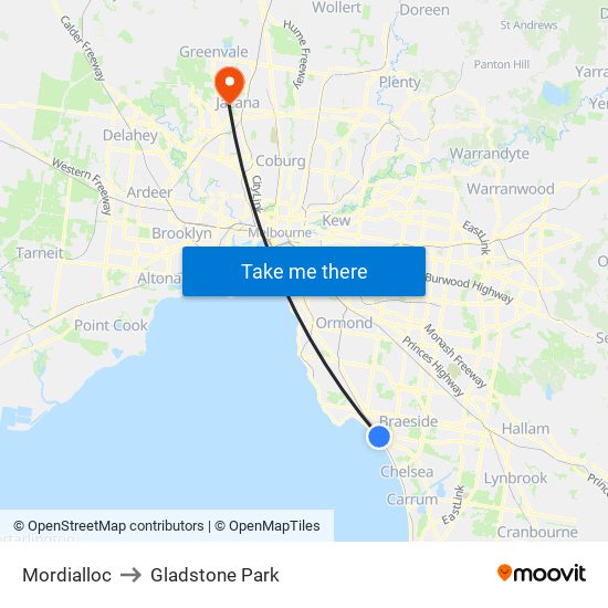 Mordialloc to Gladstone Park map