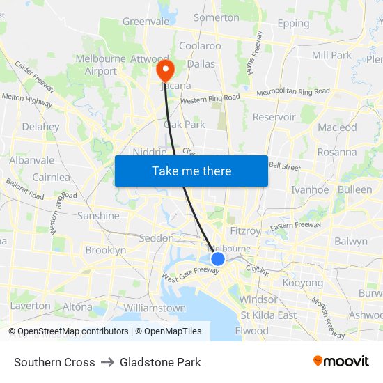 Southern Cross to Gladstone Park map