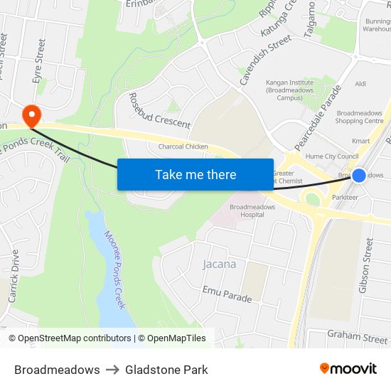 Broadmeadows to Gladstone Park map