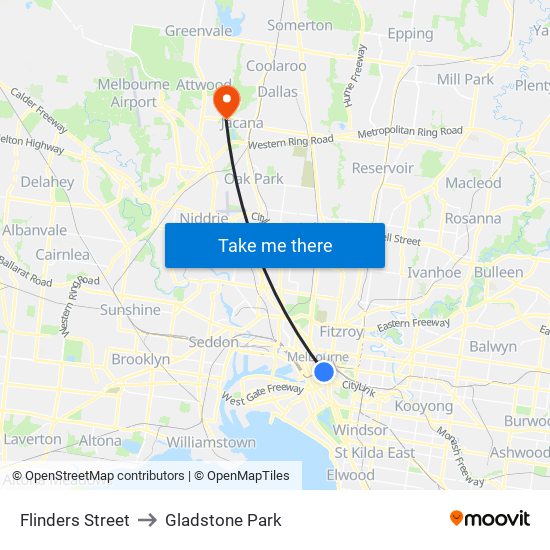 Flinders Street to Gladstone Park map