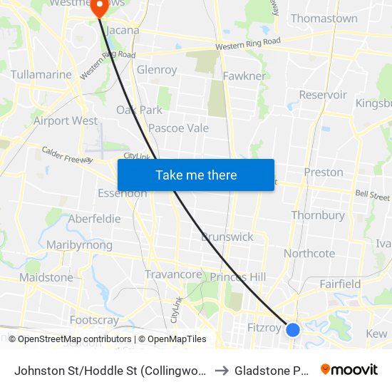 Johnston St/Hoddle St (Collingwood) to Gladstone Park map