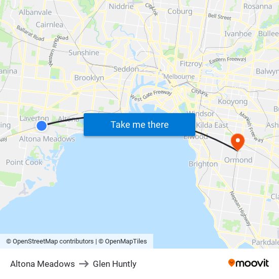 Altona Meadows to Glen Huntly map