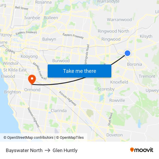 Bayswater North to Glen Huntly map