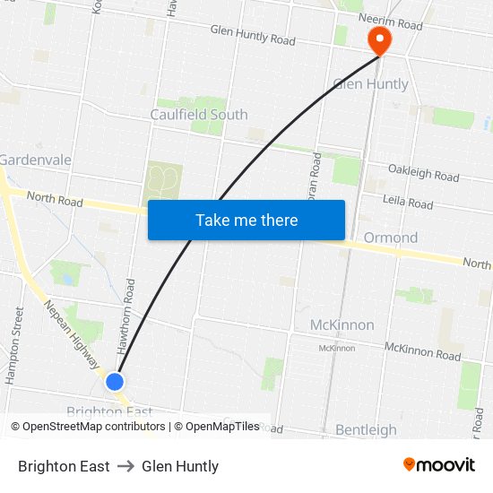 Brighton East to Glen Huntly map