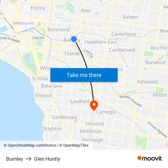 Burnley to Glen Huntly map