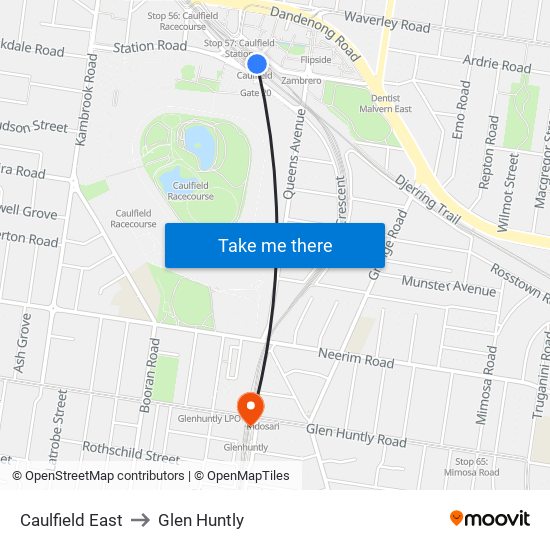 Caulfield East to Glen Huntly map