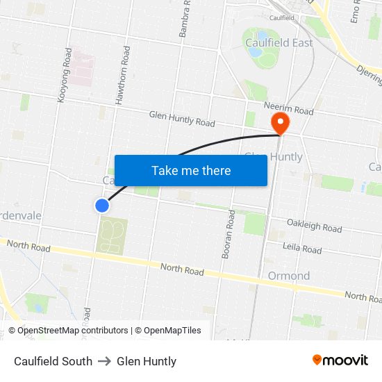 Caulfield South to Glen Huntly map