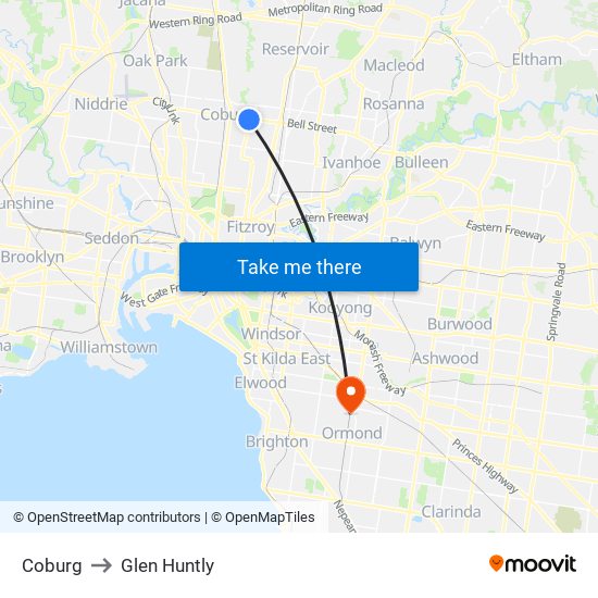 Coburg to Glen Huntly map