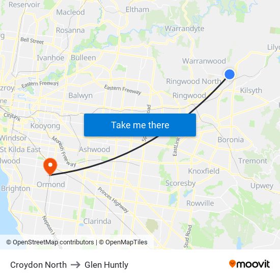 Croydon North to Glen Huntly map