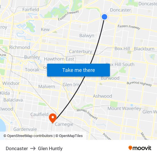 Doncaster to Glen Huntly map