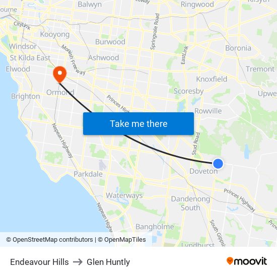 Endeavour Hills to Glen Huntly map