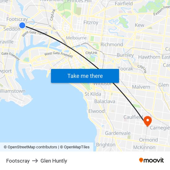 Footscray to Glen Huntly map