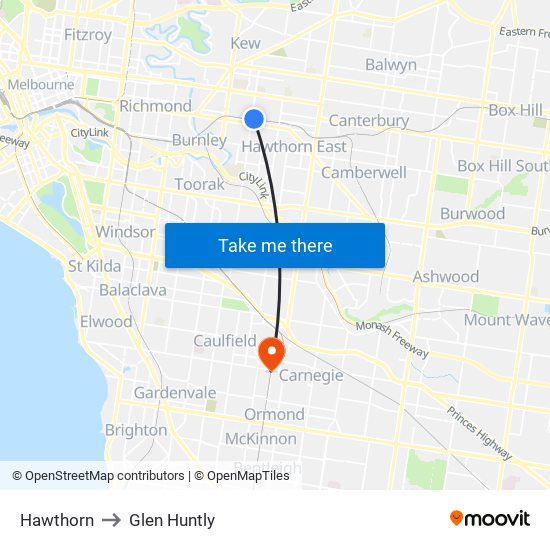 Hawthorn to Glen Huntly map