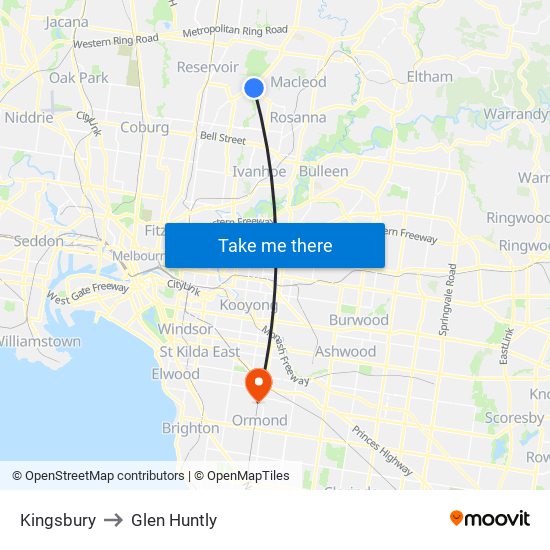 Kingsbury to Glen Huntly map