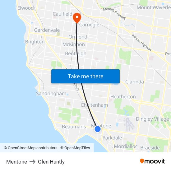 Mentone to Glen Huntly map