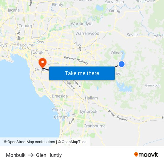 Monbulk to Glen Huntly map
