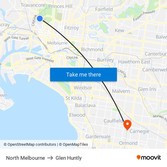 North Melbourne to Glen Huntly map