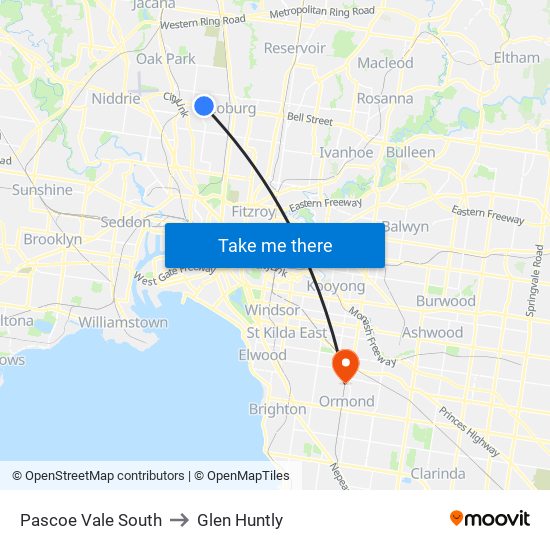 Pascoe Vale South to Glen Huntly map