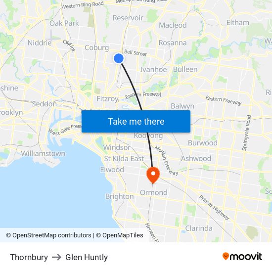 Thornbury to Glen Huntly map