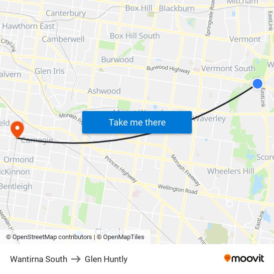 Wantirna South to Glen Huntly map