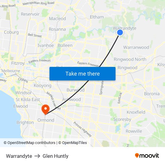 Warrandyte to Glen Huntly map