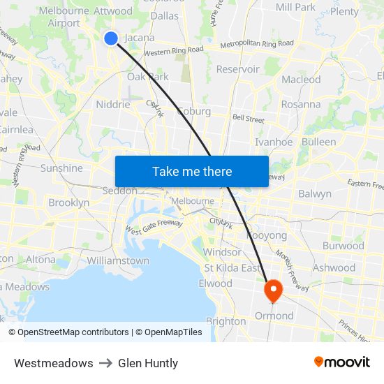 Westmeadows to Glen Huntly map