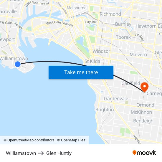 Williamstown to Glen Huntly map