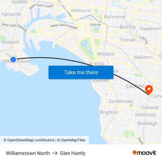 Williamstown North to Glen Huntly map