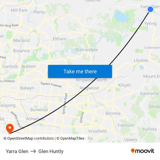 Yarra Glen to Glen Huntly map