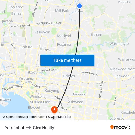 Yarrambat to Glen Huntly map