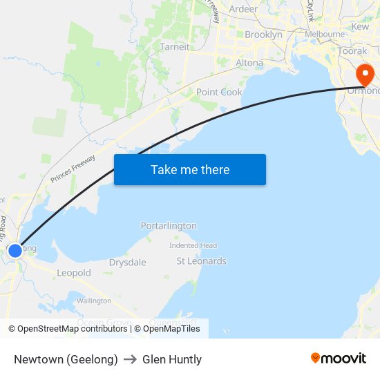 Newtown (Geelong) to Glen Huntly map