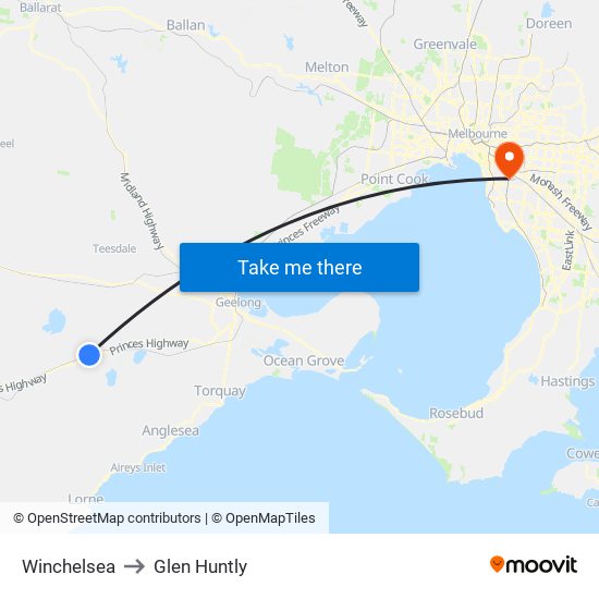 Winchelsea to Glen Huntly map