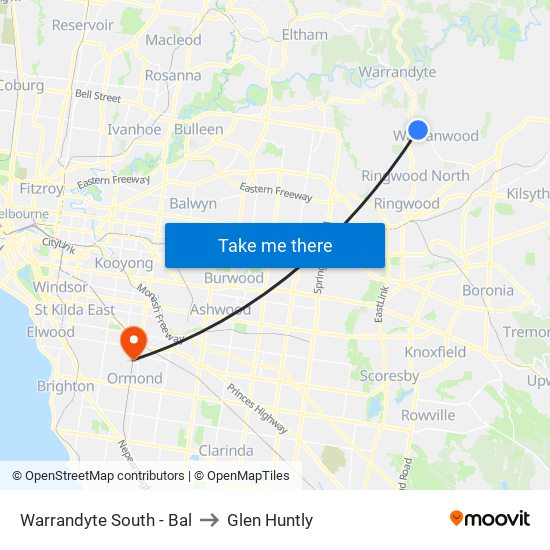 Warrandyte South - Bal to Glen Huntly map