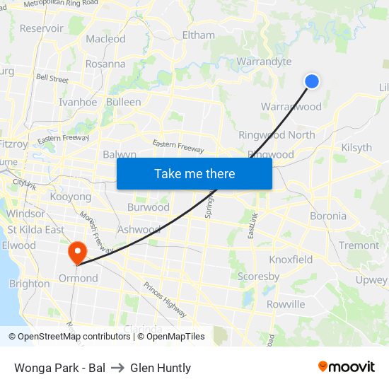Wonga Park - Bal to Glen Huntly map