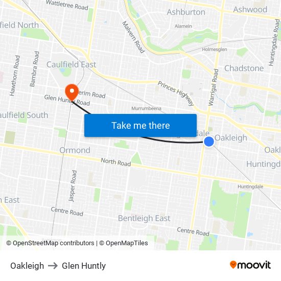 Oakleigh to Glen Huntly map