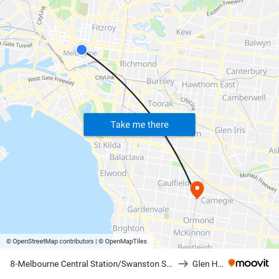 8-Melbourne Central Station/Swanston St (Melbourne City) to Glen Huntly map