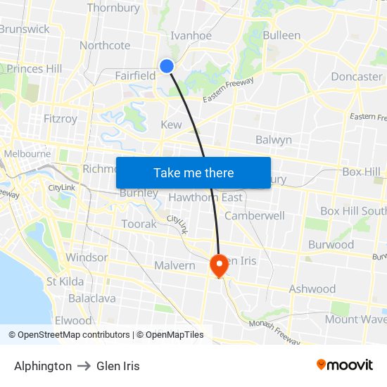 Alphington to Glen Iris map