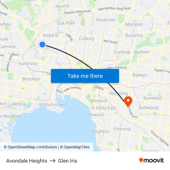 Avondale Heights to Glen Iris map