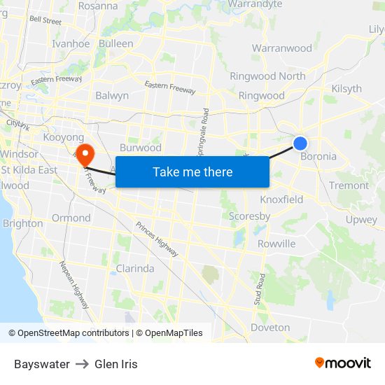 Bayswater to Glen Iris map