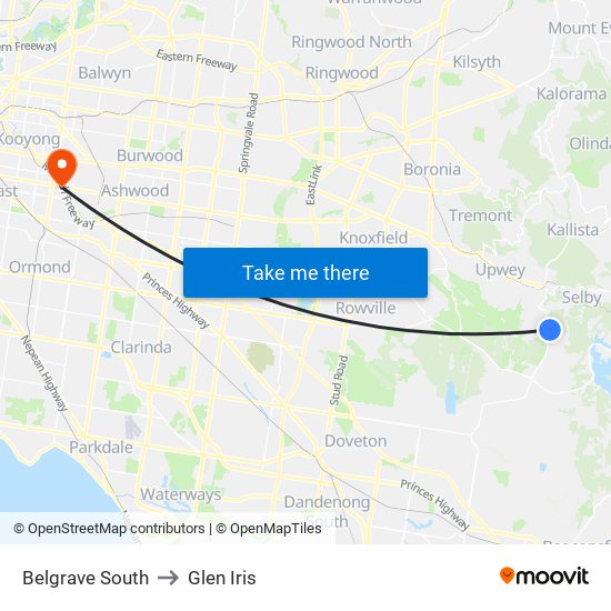 Belgrave South to Glen Iris map