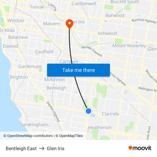 Bentleigh East to Glen Iris map