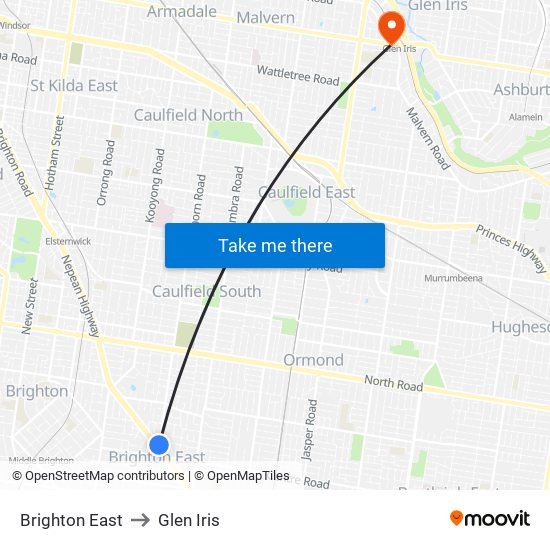 Brighton East to Glen Iris map