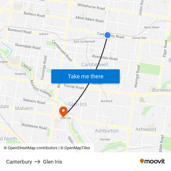 Canterbury to Glen Iris map