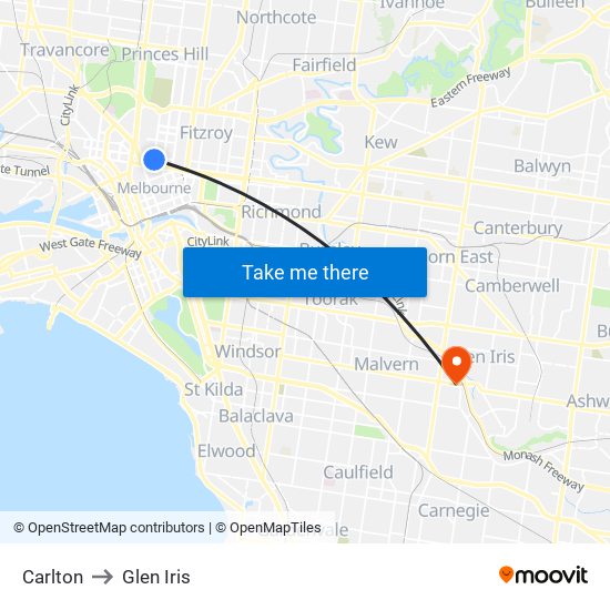 Carlton to Glen Iris map