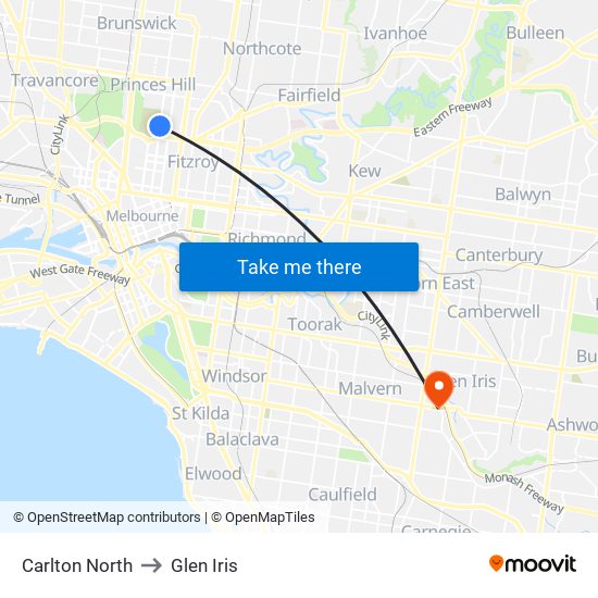 Carlton North to Glen Iris map