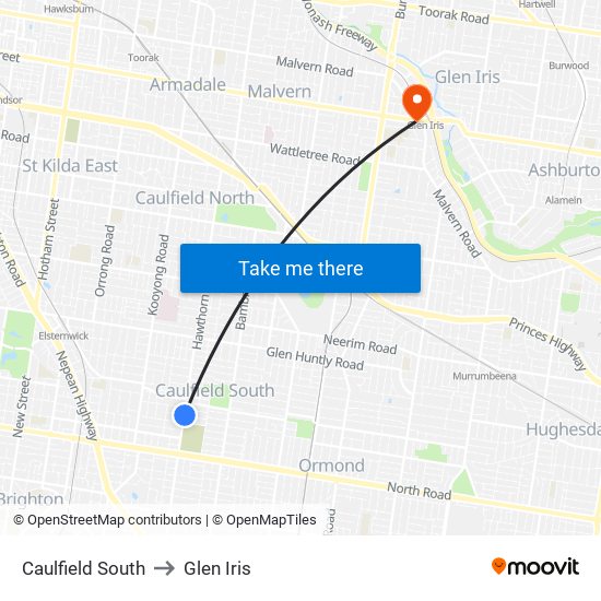 Caulfield South to Glen Iris map