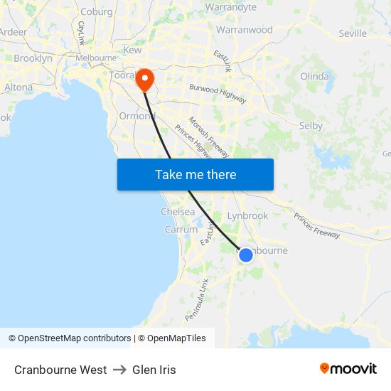 Cranbourne West to Glen Iris map