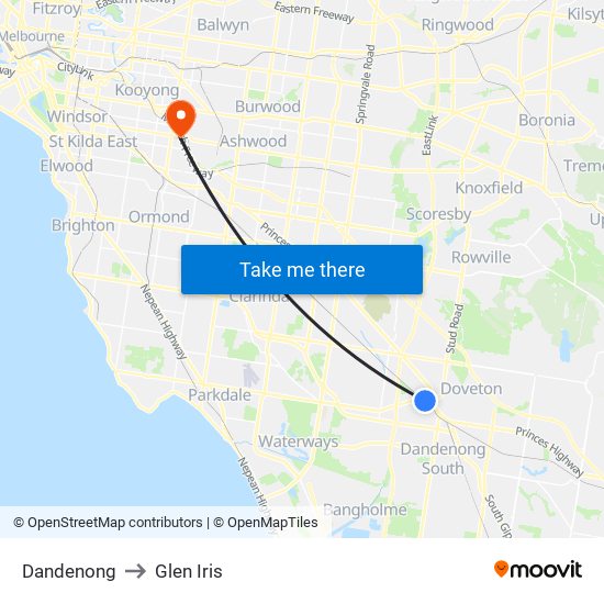 Dandenong to Glen Iris map