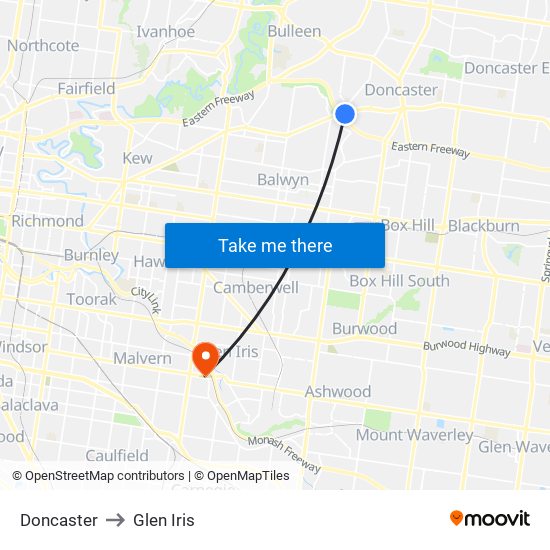 Doncaster to Glen Iris map