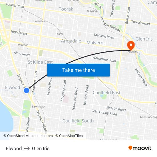 Elwood to Glen Iris map